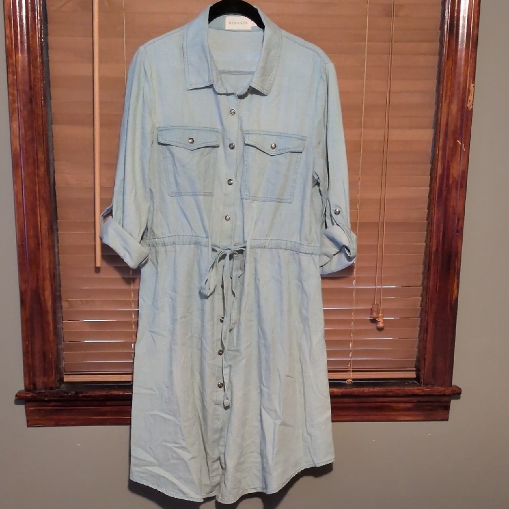 Light Blue Chambray Ninexis Button-Up Dress With Drawstring